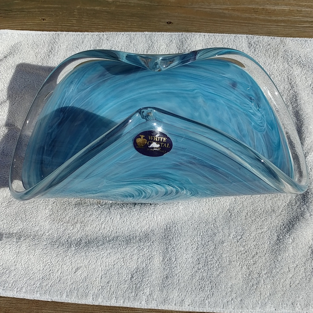 Murano glass folded bowl blue and white